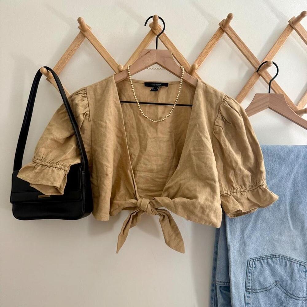 Forever 21 linen blend tie front puff sleeve top tan M
